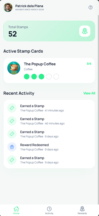 Customer home screen showing total stamps, active stamp cards, and recent activity