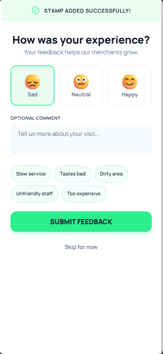 Customer feedback screen showing mood picker and quick tags after a stamp