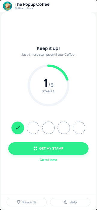 Customer loyalty card showing stamp progress toward a free coffee
